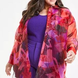 Nina Parker Organza Oversized Button Up Shirt Sheer Layering Piece Tunic Top